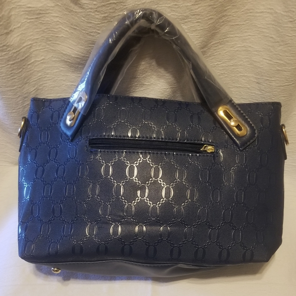 Matching set of 3 textured dark blue purses w chocolate brown interiors - Picture 5 of 10